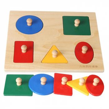 Puzzle incastru Montessori din lemn cu maner 5 Forme Geometrice