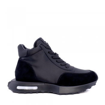 Sneakers high top femei negru din piele întoarsă și satin 3848DG167N