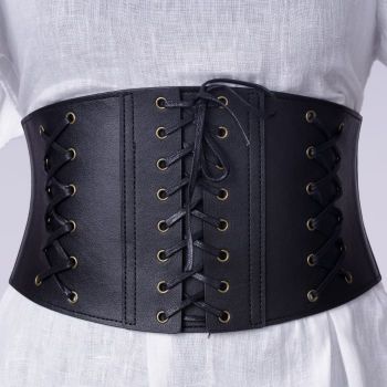 Centura corset lata din piele ecologica cu 3 randuri de sireturi si capse metalice auriu antichizat