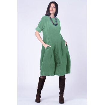 Rochie lalea cambrata, cu fermoar, din catifea reiata verde menta