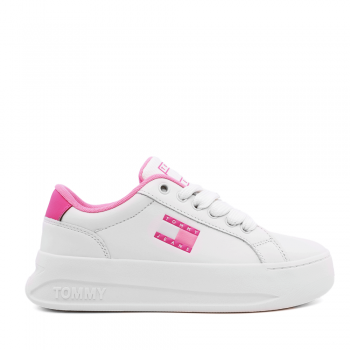 Sneakers femei Tommy Hilfiger albi-bej din piele naturală cu logo lateral și frontal 3417DP2500A