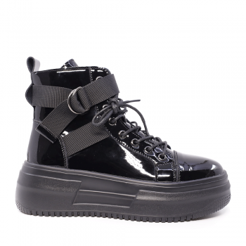 Sneakers high top femei negri din piele lăcuită 3846DG200N