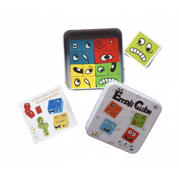 Joc Montessori Expresii faciale Emoji Cube in cutie metalica, 12 piese, din lemn