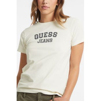 GUESS - Tricou cu imprimeu logo si decolteu la baza gatului