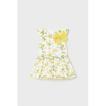 Rochie evazata cu model floral si aplicati funda