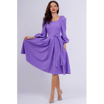 Rochie midi cu croiala in A si maneci bufante