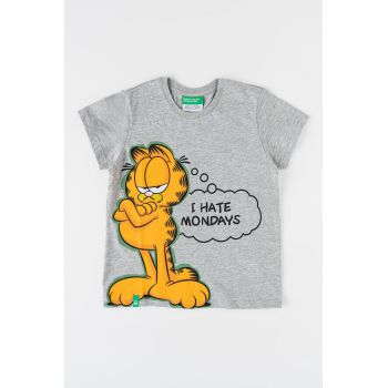 Tricou de bumbac cu decolteu la baza gatului si imprimeu