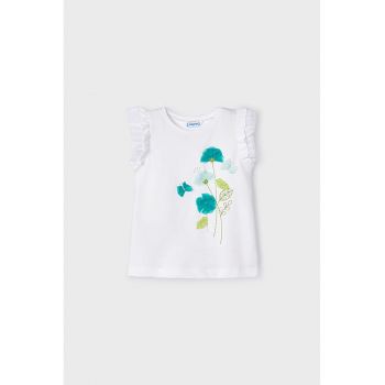 Tricou cu model floral si maneci cu volane