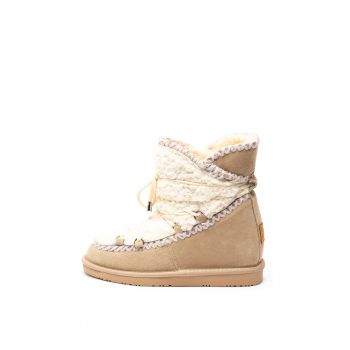 Ghete de piele intoarsa si blana shearling sintetica - cu talpa wedge ascunsa