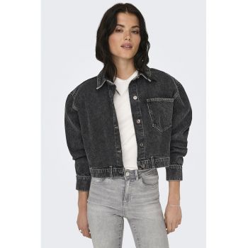 Jacheta crop de denim cu maneci cazute