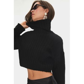 Pulover crop striat cu guler inalt