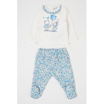 Set de bluza din amestec de bumbac cu guler cu volane si pantaloni cu model floral