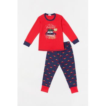 Pijama lunga de bumbac cu imprimeu de Craciun