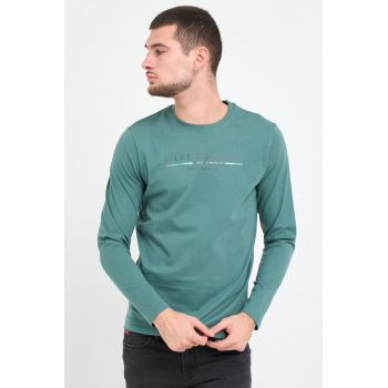 Tricou barbat cu maneca lunga cu imprimeu logo - Verde