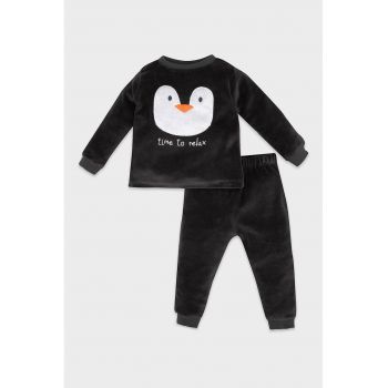 Set de bluza de trening cu model pufos cu pinguin si pantaloni de trening