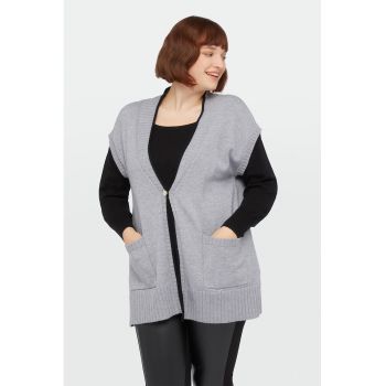 Pulover plus size cu buzunare aplicate