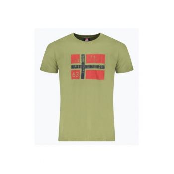 Tricou barbati cu decolteu la baza gatului si imprimeu cu logo - Verde militar