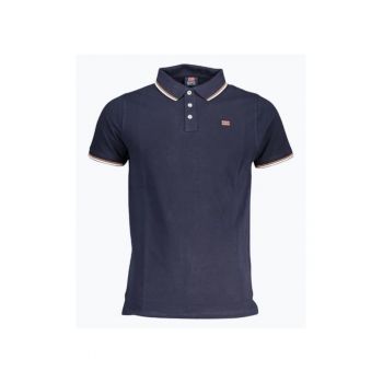 Tricou polo barbati cu logo si detalii contraste - din bumbac - Bleumarin inchis