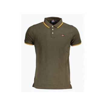 Tricou polo barbati cu logo si detalii contraste - din bumbac - Olive