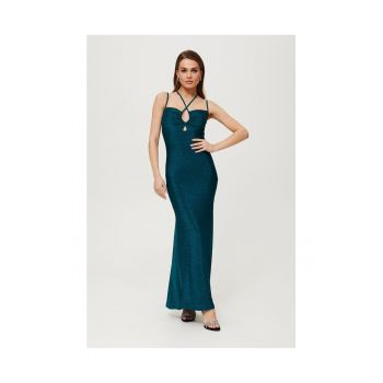 Rochie dama - maxi metalica cu cravata la decolteu - Poliester - Albastru