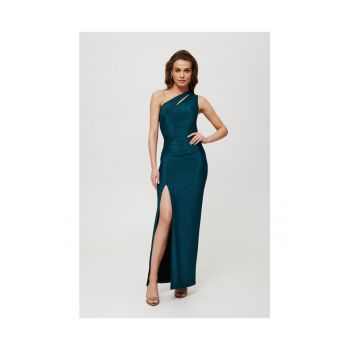 Rochie dama - maxi metalica cu cravata la decolteu - Poliester - Verde