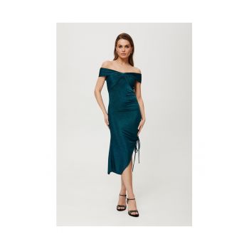 Rochie dama - maxi metalica cu pernute si pliuri - Poliester - Verde