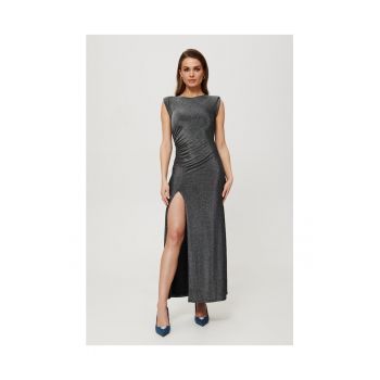 Rochie maxi metalica cu perne si pliuri - argintie - 56497