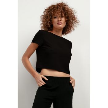 Tricou crop din amestec de in T401 negru