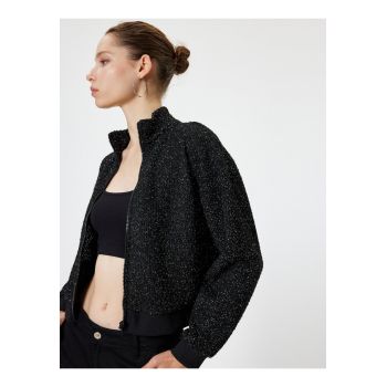 Cardigan crop cu fermoar si aspect stralucitor