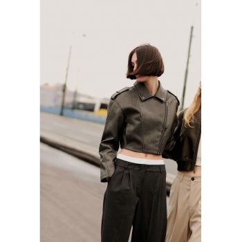 Jacheta crop regular fit din piele ecologica