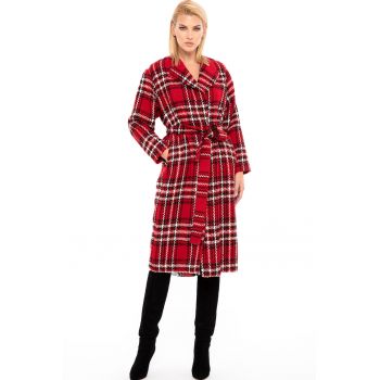 Palton din amestec de lana cu model tartan si design petrecut