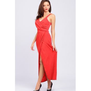 Rochie stralucitoare fara maneci cu model drapat