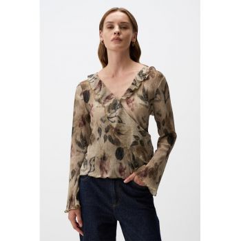 Bluza cu decolteu in V - imprimeu floral si volane