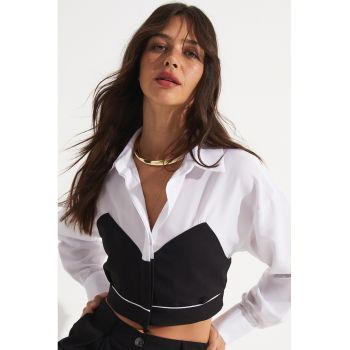 Bluza crop tip camasa cu doua materiale