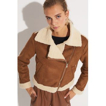 Jacheta biker din piele intoarsa sintetica cu captuseala din blana shearling