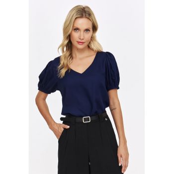 Bluza regular-fit cu decolteu in V si maneci bufante