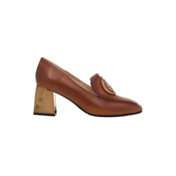 Pantofi toc gros - Piele naturala - Maro -