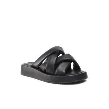 Papuci flip-flop cu barete dama - Piele ecologica - Negru