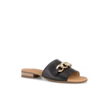 Papuci flip-flop cu catarama dama - Piele naturala - Negru