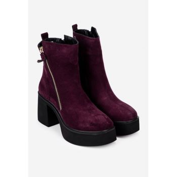 Botine burgundy din piele intoarsa cu fermoar decorativ