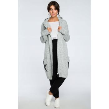 pulover - Marime unica - Tricot periat - Cardigan lung cu gluga - Maneci lungi - UNI - gri