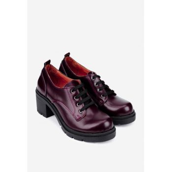 Pantofi din piele burgundy cu toc gros