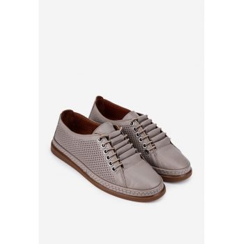 Pantofi taupe din piele cu siret elastic