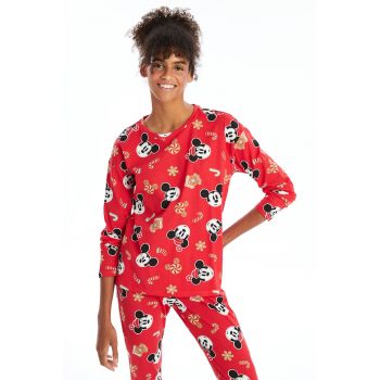 Pijama din bumbac cu model cu Mickey Mouse