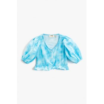 Bluza crop cu imprimeu tie-dye si aspect bufant