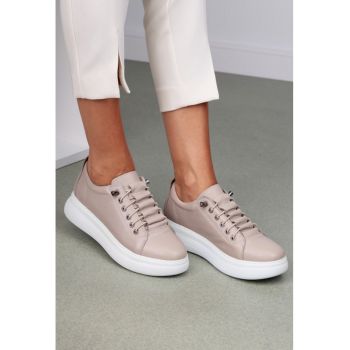 Pantofi dama taupe din piele cu siret elastic