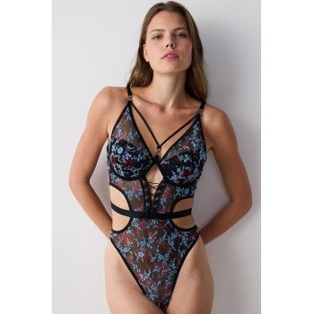 Body din plasa cu model floral si decupaje