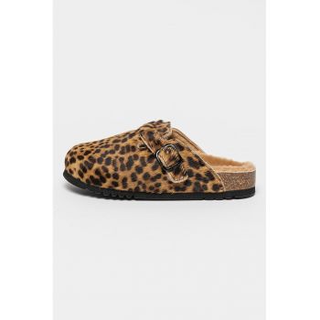 Papuci de casa din piele cu par scurt cu model animal print