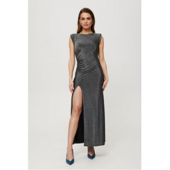 Rochie maxi metalica cu crapatura pe picior -