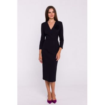 Rochie simpla midi cu decolteu in V - Negru -